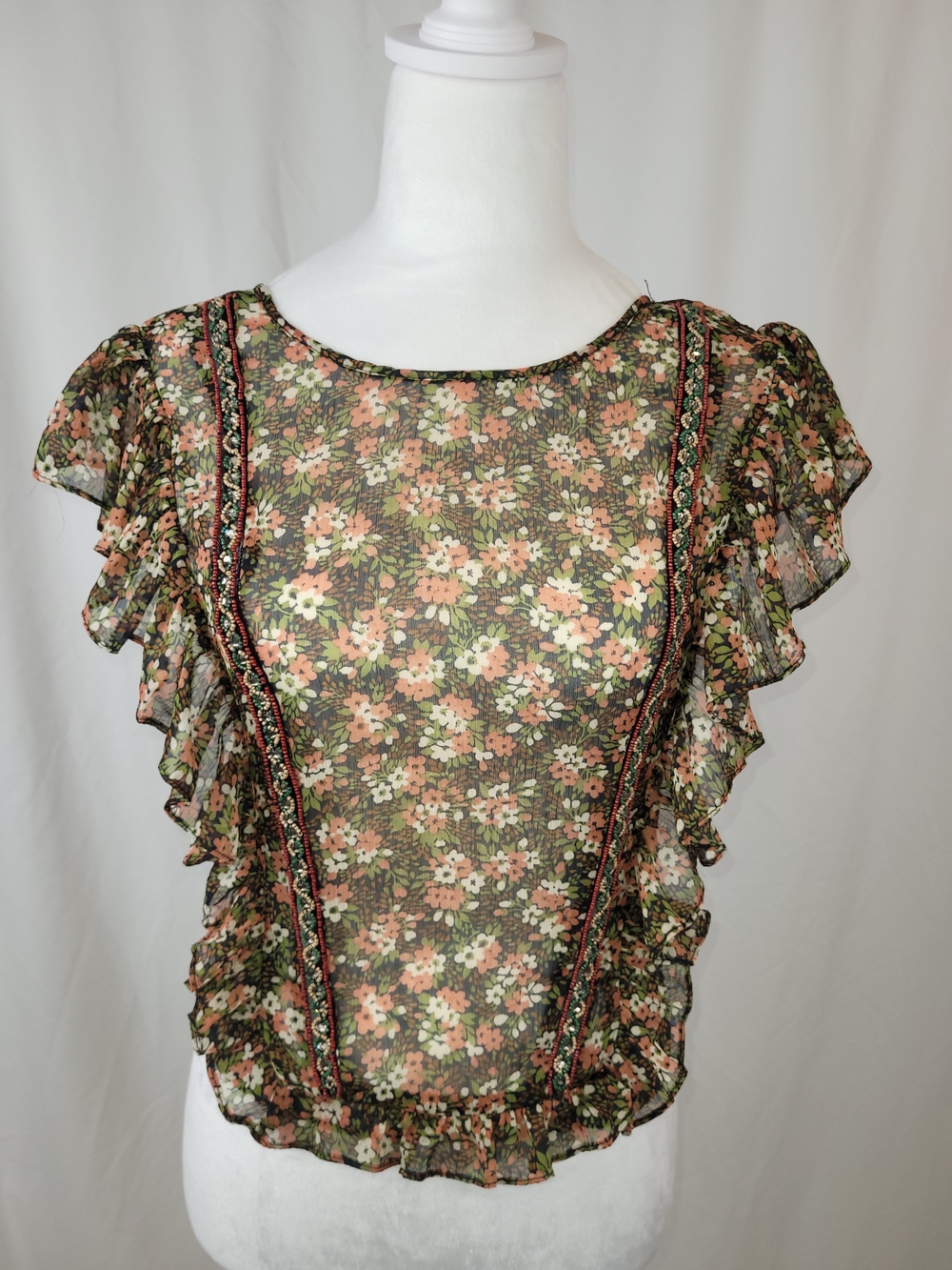 Zara Sheer Floral Ruffle Blouse - Peach Green Black With Beads NWT XS